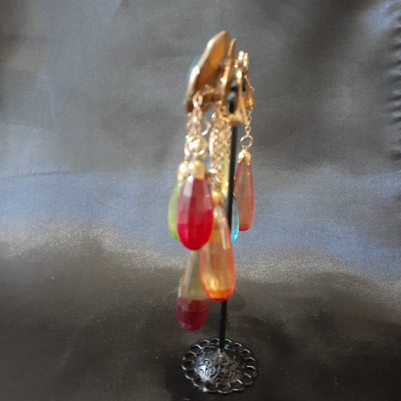 Vintage Aurora Borealis Dangle Clip Earrings four inches - Picture 6 of 10